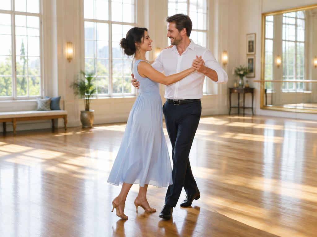 A couple enjoying a ballroom dance lesson; illustrative photography